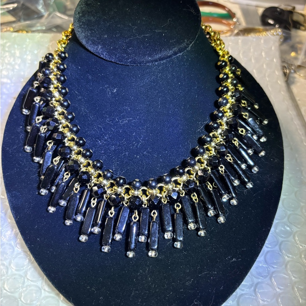 Vintage Gerard Yosca Gold Tone and Black Glass Statement Necklace